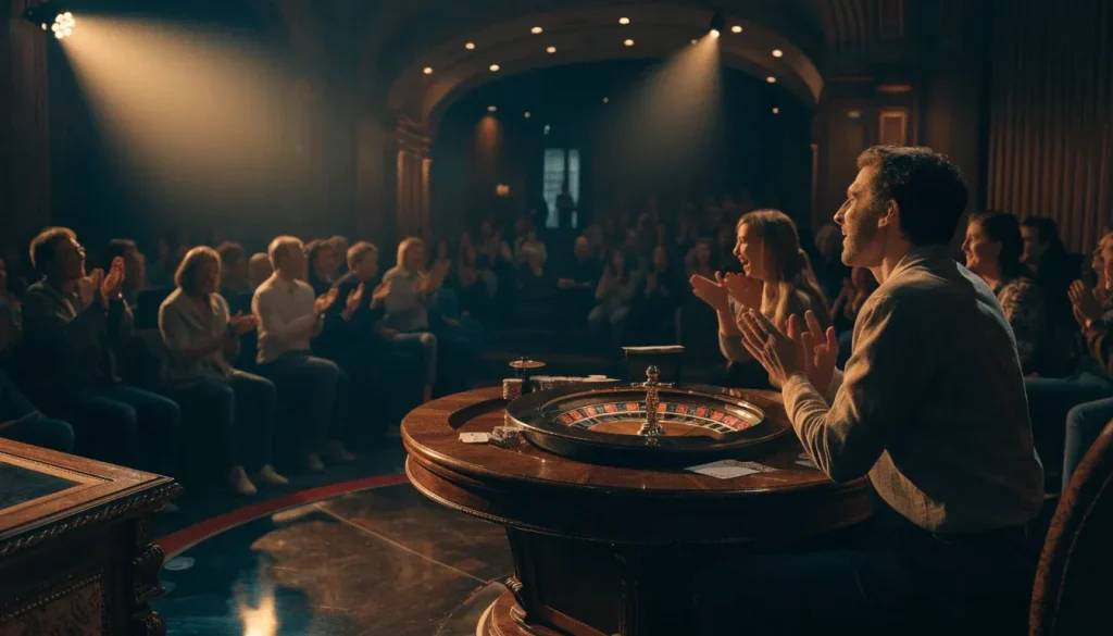 British live casino game-show studio with roulette, chips and cards