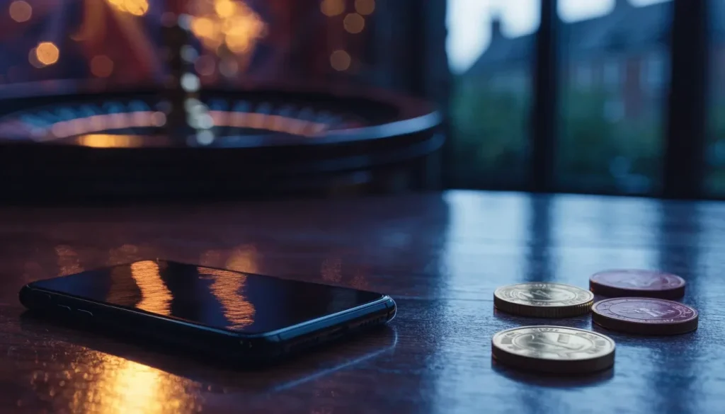 Face-down smartphone and casino tokens in an elegant British setting