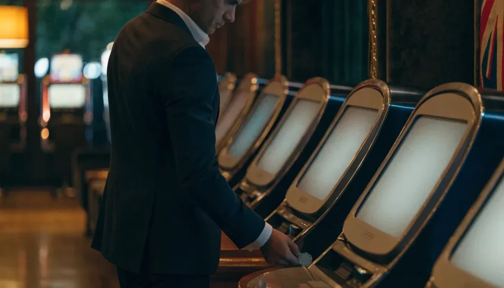 Elegant British casino lounge with glowing blank slot machines and a player holding a chip