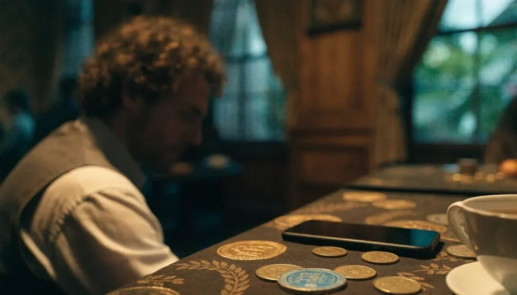 Person at a vintage table in a British pub setting with golden laurel decorations and a face-down phone.