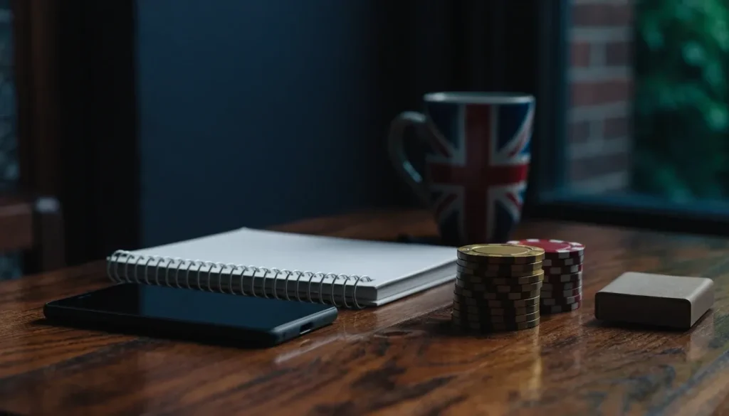 Dark UK casino review scene with phone, chips, and notebook