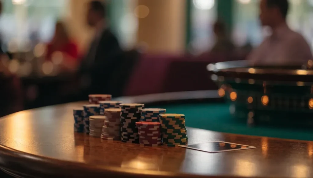 Stylish UK casino lounge with chips, card and roulette wheel