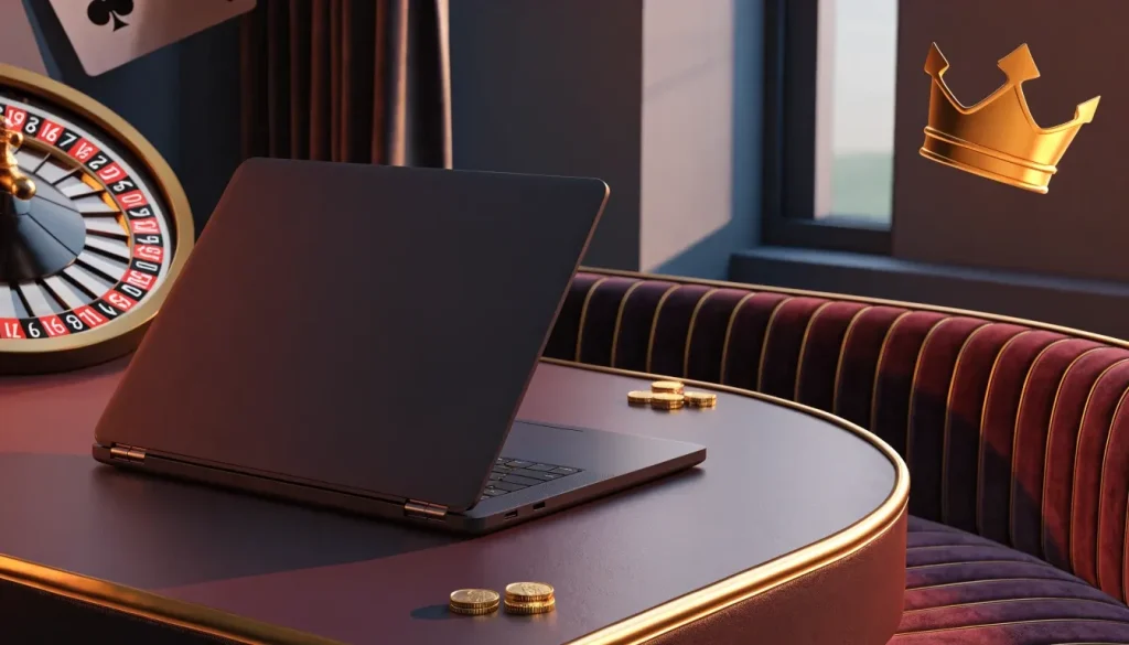 Premium casino-themed scene with crown, roulette wheel, coins, and hidden laptop screen