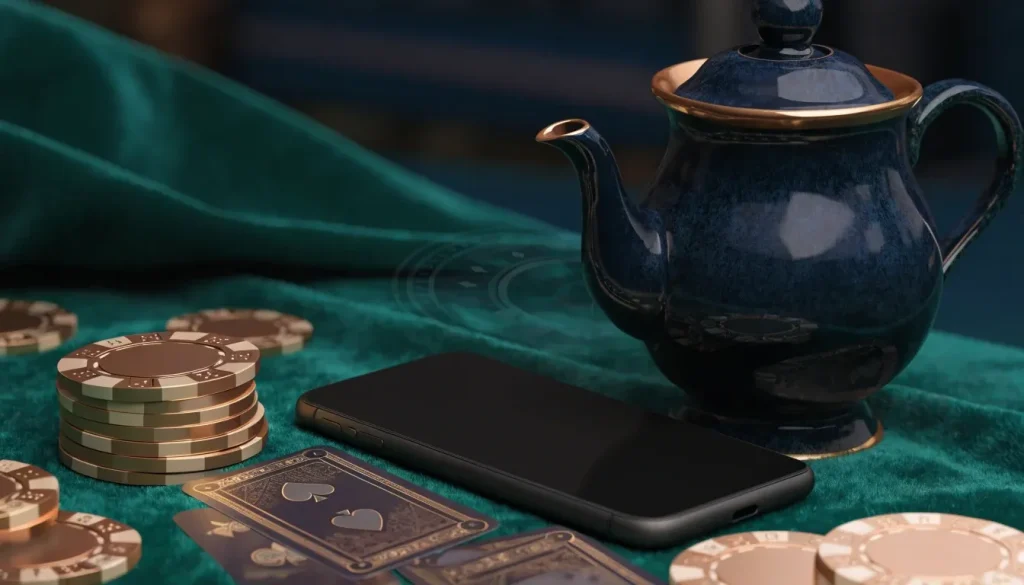 Premium UK online casino scene with phone, chips, cards and roulette motifs