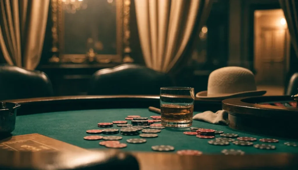 British casino lounge with roulette table, chips and whisky glass