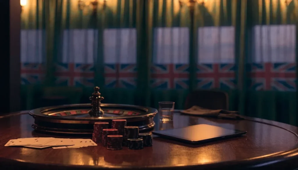 British casino lounge with roulette table, chips and face-down tablet