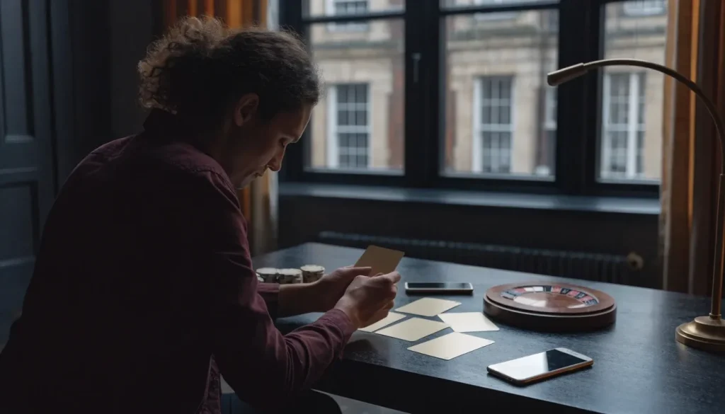 Adult player comparing unmarked casino operator cards at a London desk