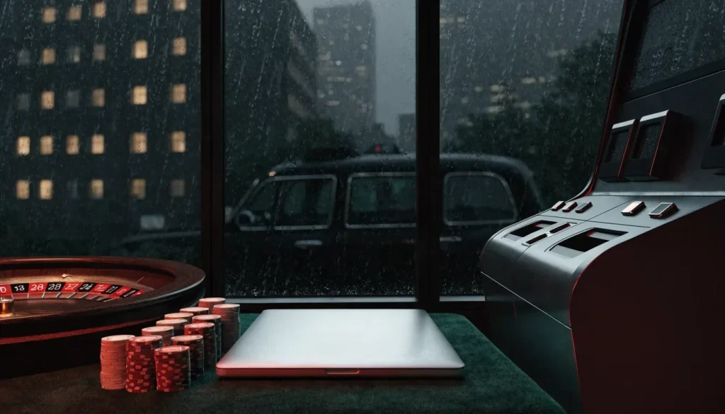Closed laptop and unbranded slot cabinet in a rainy London casino lounge