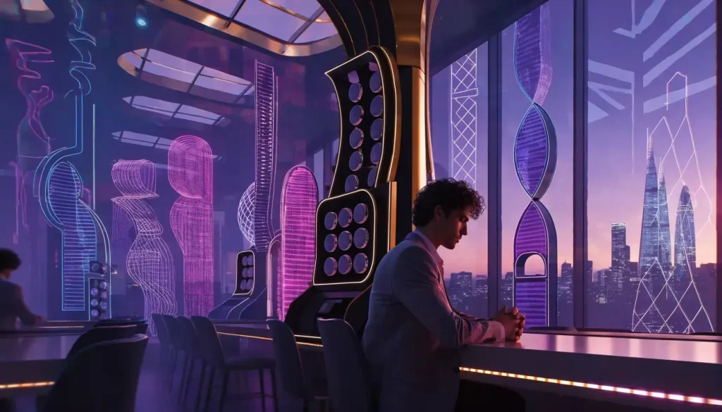 Stylised UK casino lounge with slot-machine silhouettes and abstract colourful lights