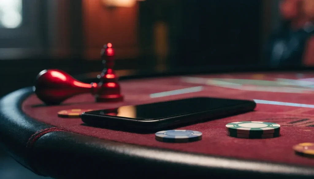 Face-down smartphone, casino chips and slot lever on a British gaming table