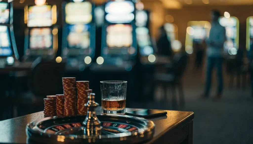 Casino table with chips and roulette wheel, smartphone face-down, UK casino lounge at night