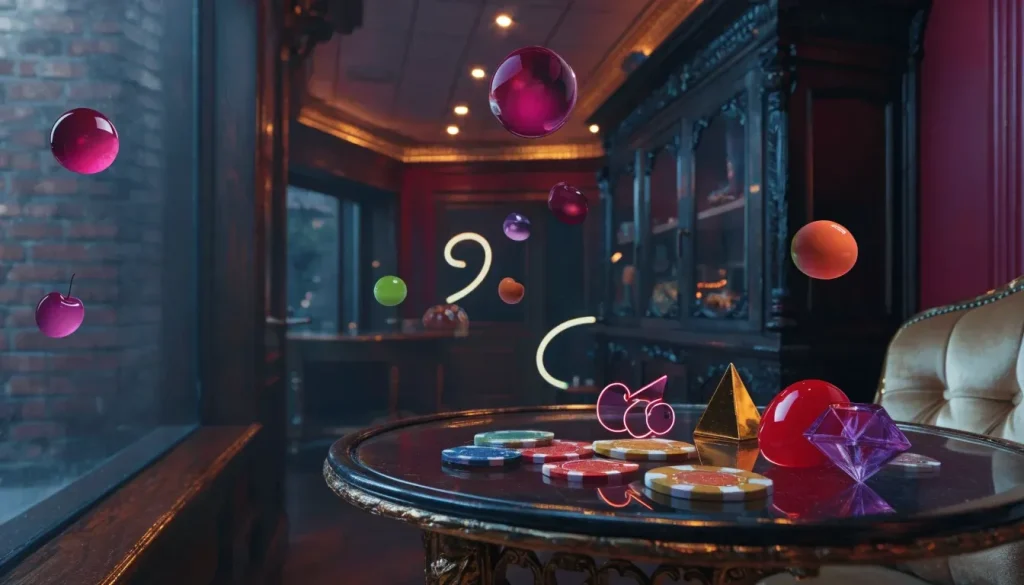 Stylised British casino lounge with colourful slot-machine motifs