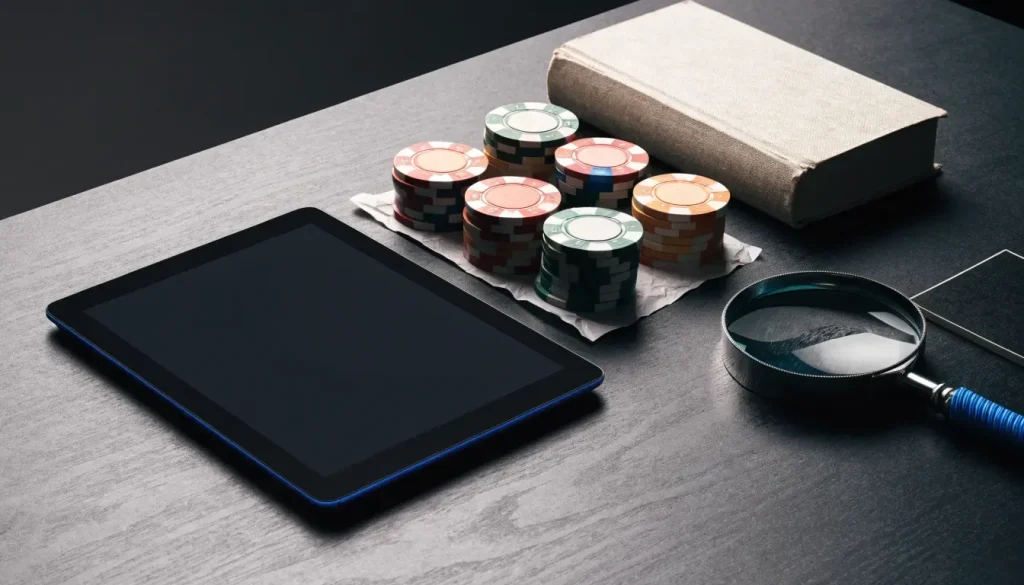 Face-down tablet with casino chips, rulebook, and magnifying glass.