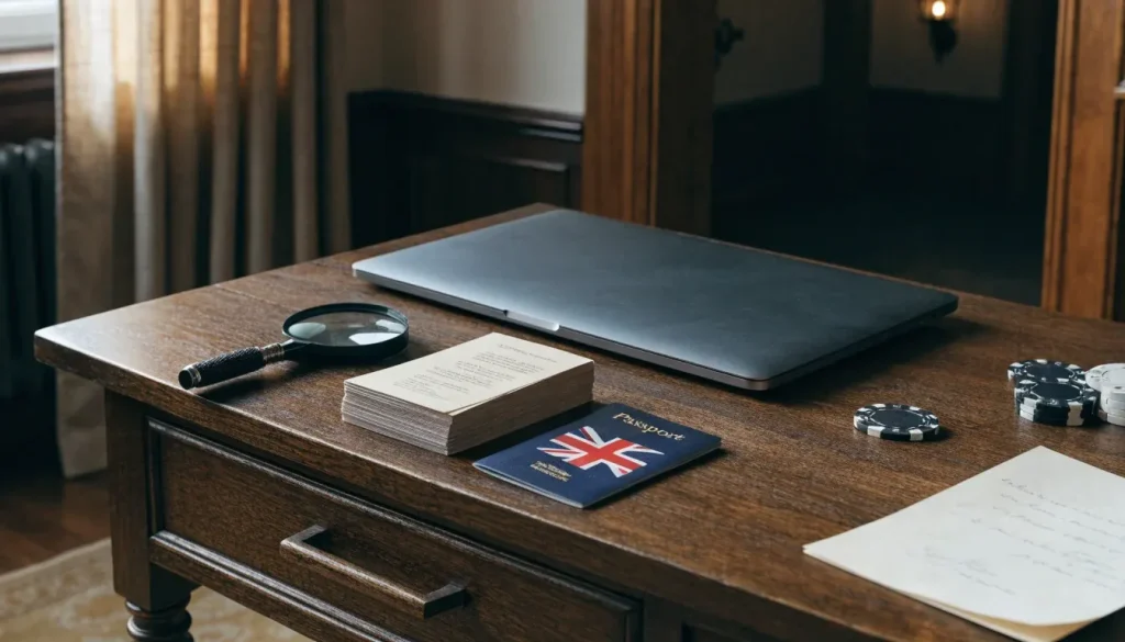 Quiet UK casino review scene with closed laptop, magnifying glass, passport and chips