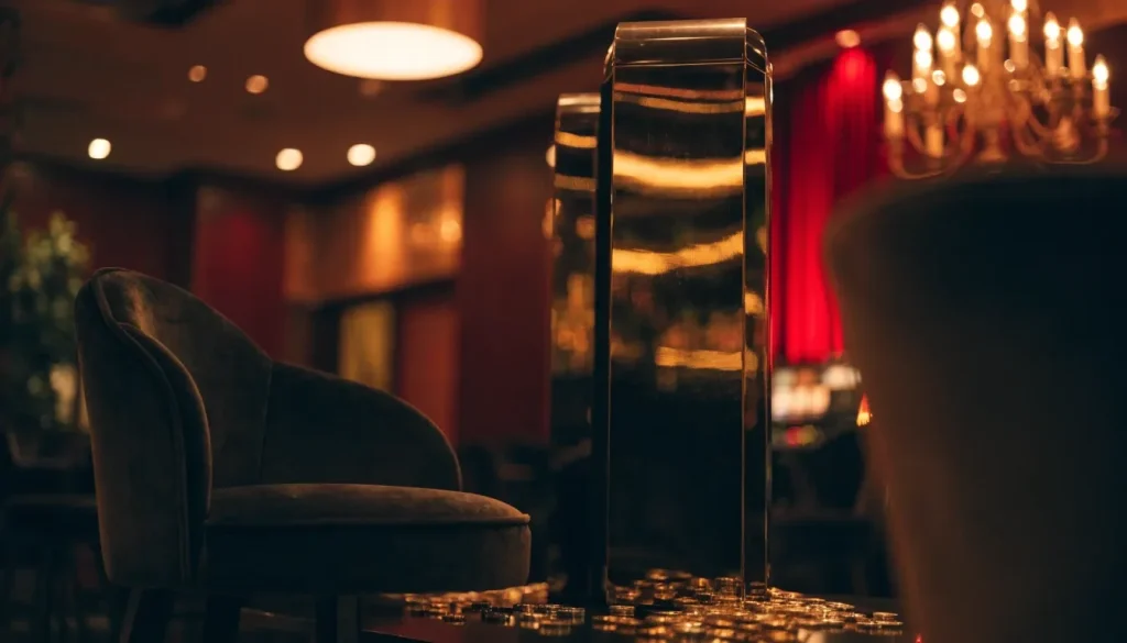 Luxurious British casino interior with slot machine and scattered jackpot tokens