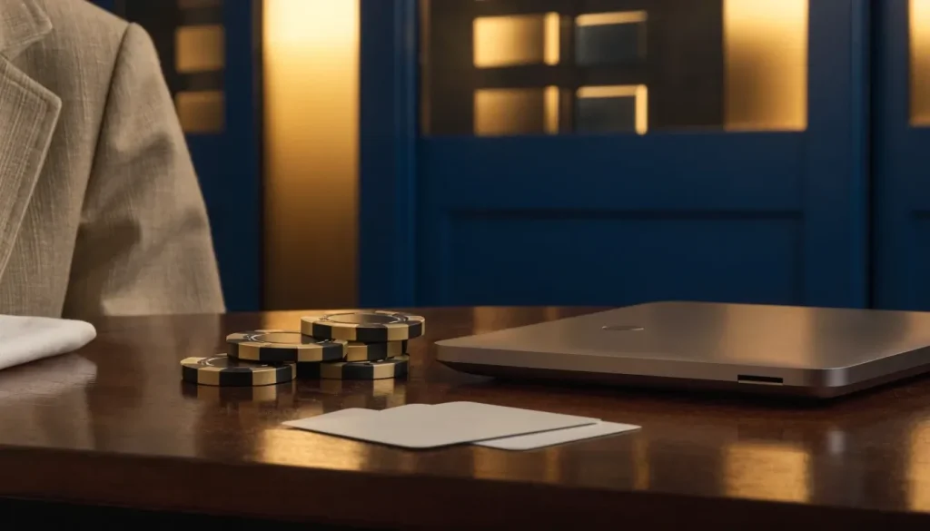 Closed laptop, casino chips and cards representing a UK online casino review.
