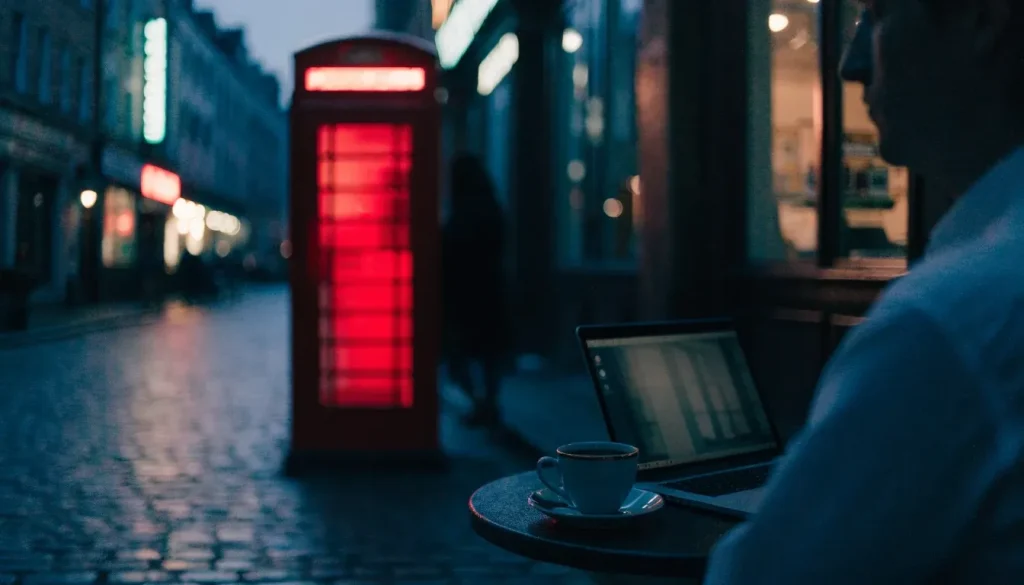 London telephone booth at night with a laptop and tea on a café table