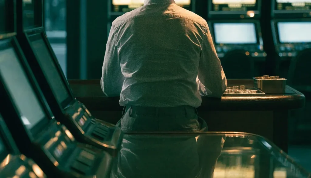 UK casino player surrounded by tokens with all screens turned away