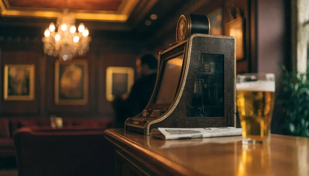 UK casino lounge featuring a vintage slot machine and a pint of British ale