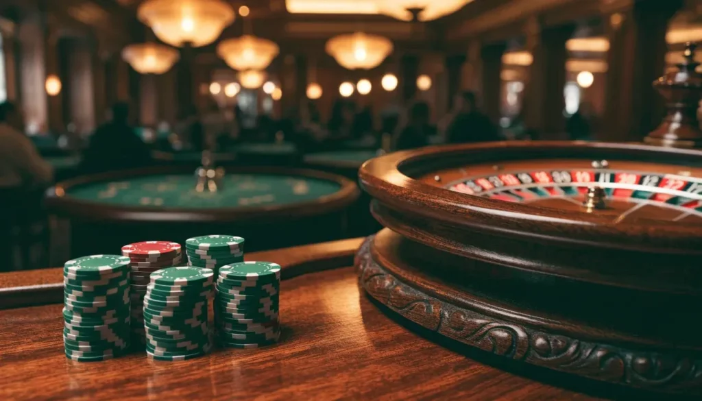 British casino interior with a roulette wheel and stacked chips on a polished mahogany table.