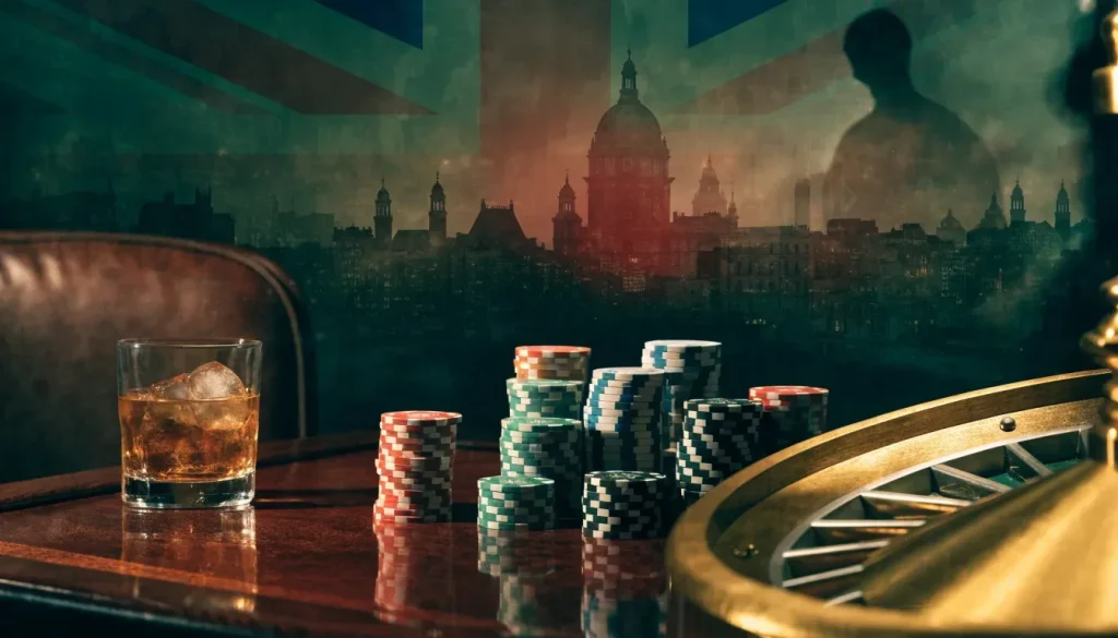 British casino lounge with chips and roulette wheel