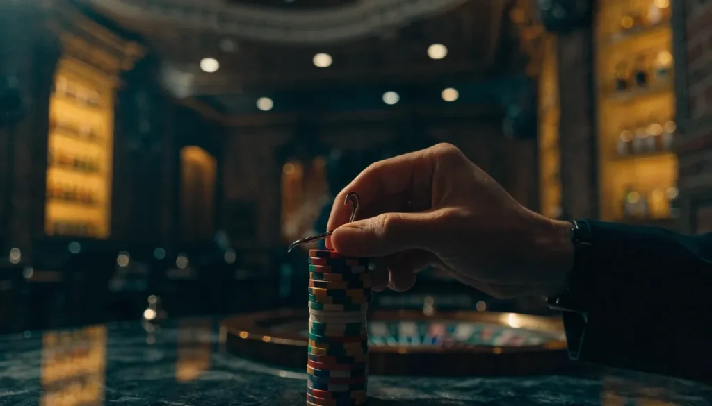 Colourful casino tokens and roulette wheel in an elegant UK gaming lounge