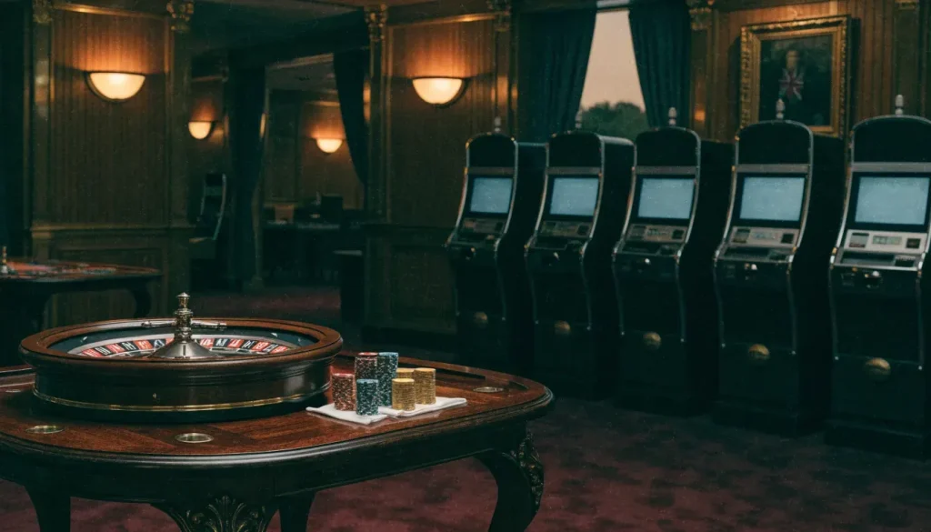 Luxurious UK casino lounge with roulette, chips, and slot cabinets in warm amber light