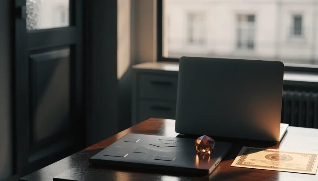 UK casino licensing paperwork beside a generic amber cryptocurrency token on a desk
