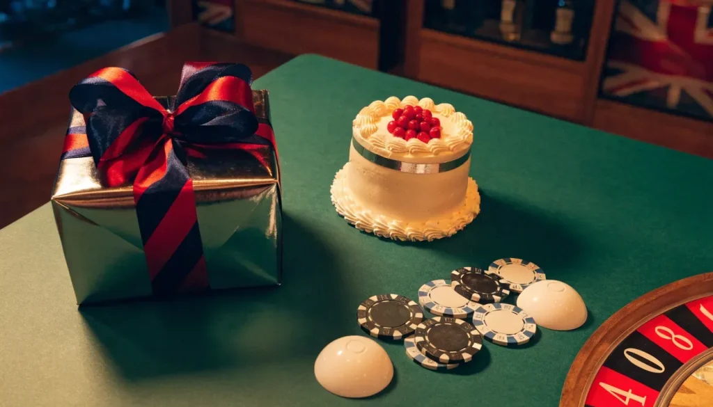 Festive birthday gift, cake and casino chips in a British casino setting