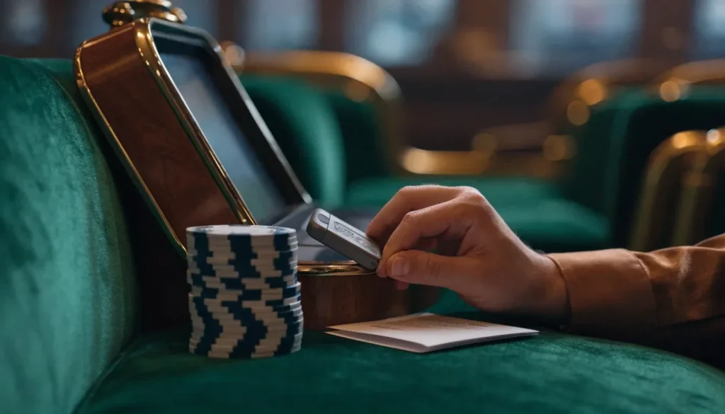 Casino chips and purchase key beside a closed slot machine in a British lounge