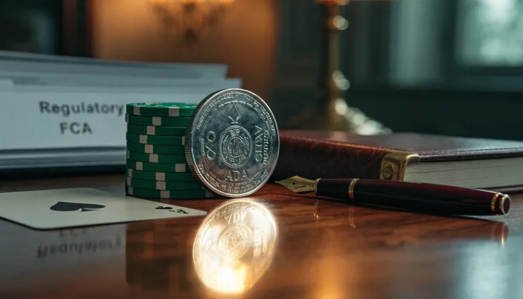 Cardano coin with casino chips and a playing card on a wooden desk