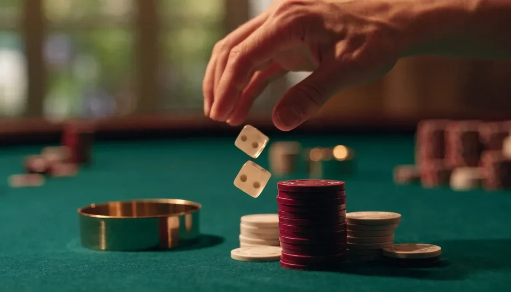 Player rolling ivory dice beside casino chips in a warmly lit UK casino