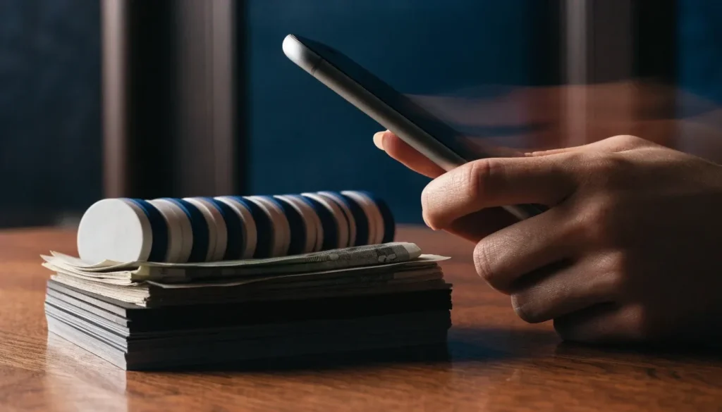 Phone, bank cards, chips and pounds suggesting an instant casino withdrawal