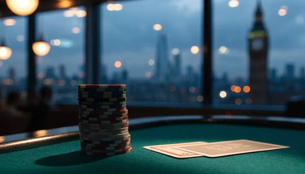 Casino chips and playing cards on a green felt table with London's skyline visible through a window behind.