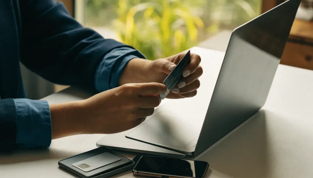 Credit and debit cards beside UK payment devices