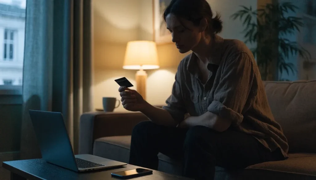 Person holding a debit card near a closed laptop at home