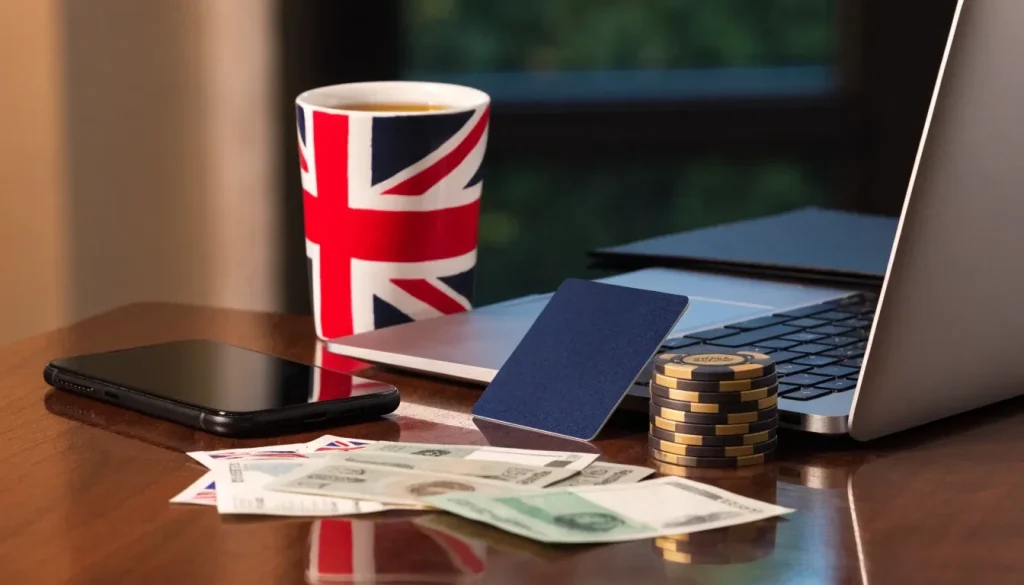 UK-themed casino cashier scene with payment devices, chips, and tea mug.