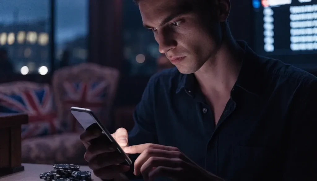 British player at phone in dimly lit modern UK casino lobby, considering payment options