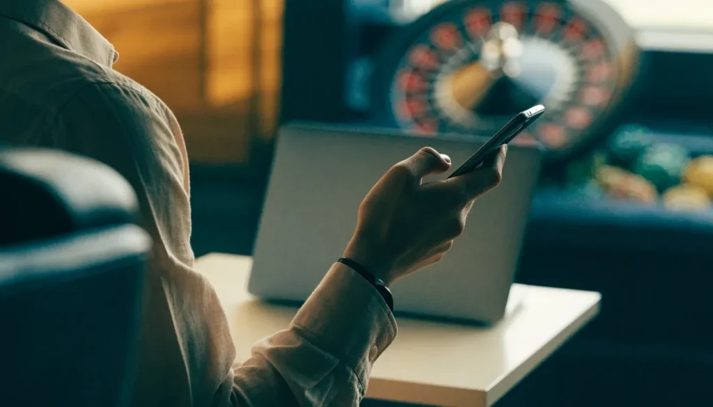 UK customer checking online casino payment options with smartphone