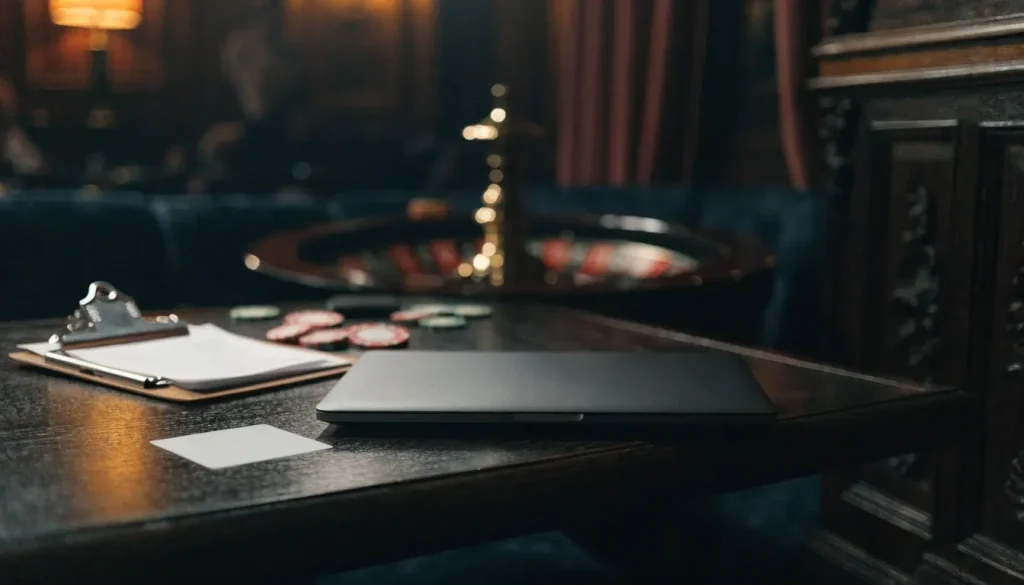 Closed laptop with verification documents in a British casino lounge