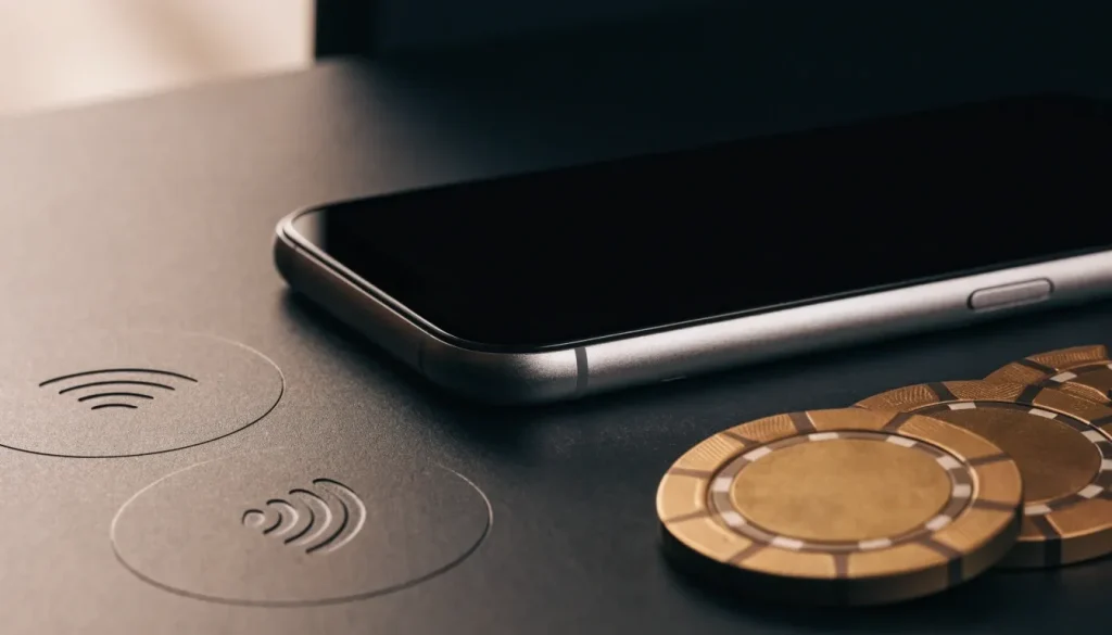 Smartphone, contactless cards and casino chips on a dark desk