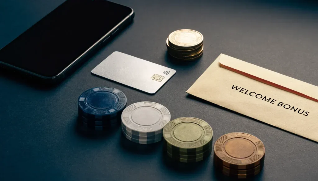 Payment card, welcome bonus, and casino chips on a desk