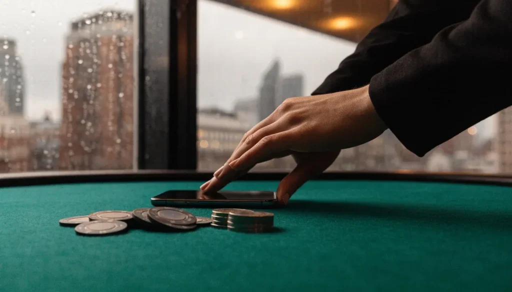 Smartphone and roulette chips in a UK casino overlooking London
