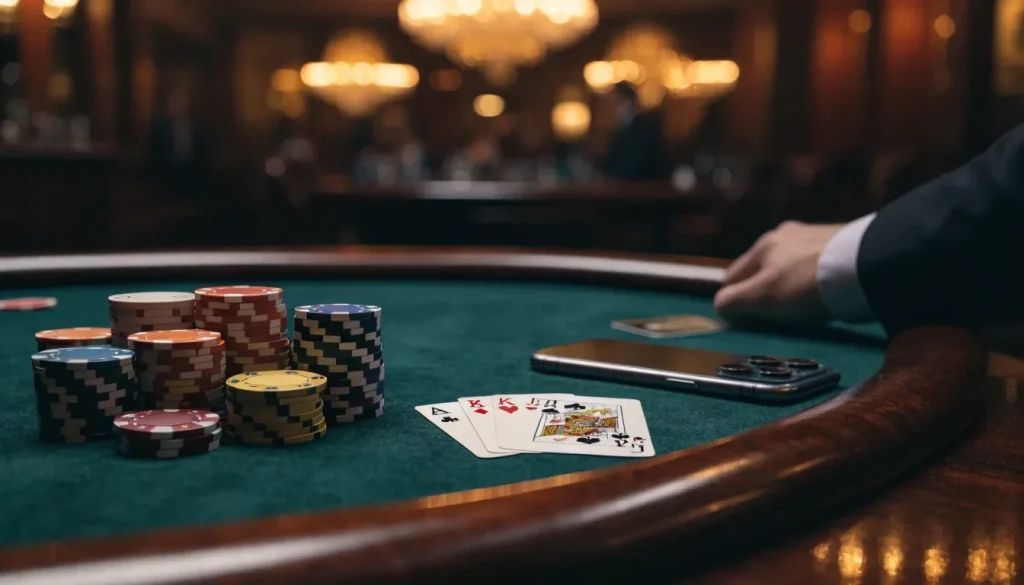 Elegant UK casino table with poker chips, cards, smartphone and credit card