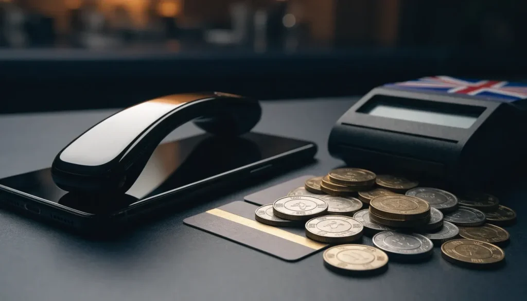 Phone, payment cards, casino tokens and payment terminal on a UK-themed desk