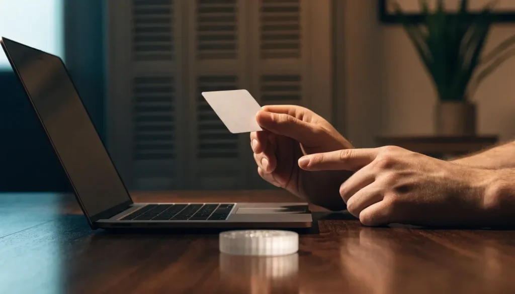 Player reviewing an unbranded payment card and neutral laptop for a UK online casino deposit