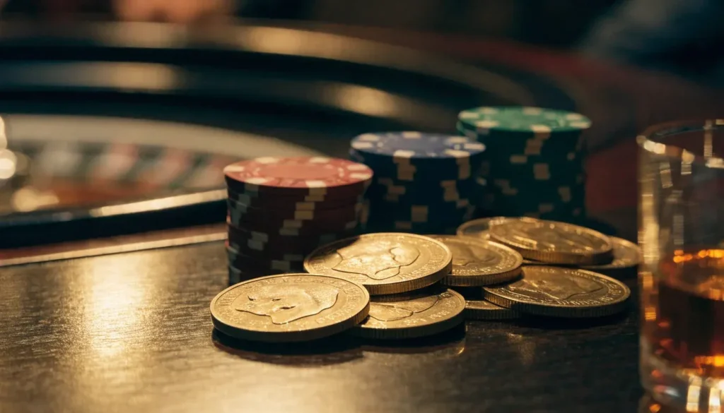 Gold Dogecoin coins stacked with casino chips on a wooden roulette table