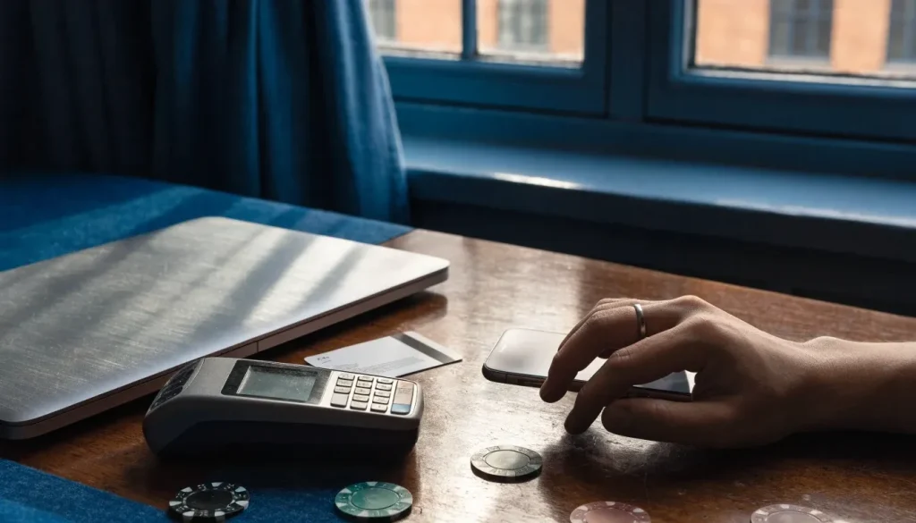 Phone, payment terminal and casino chips on a British home desk