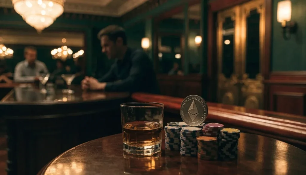 Physical Ethereum coin beside poker chips and whiskey in a London casino lounge