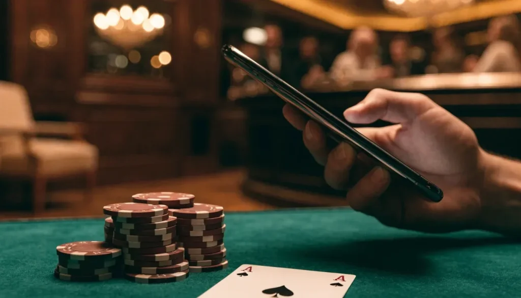 Hand holding smartphone near poker chips inside an elegant UK casino lounge